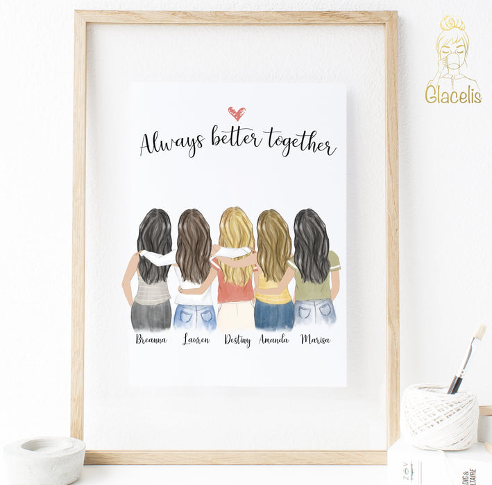 Five Women Custom Best Friends Print Art Digital