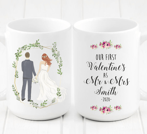 Personalized First Valentine's as Mr and Mrs Mug - Surprise the bride and groom in your life with this thoughtful, one of a kind original and customizable artwork. It's the perfect gift for Valentine's Day as a newlywed couple.