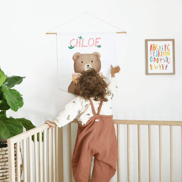 Customize Wood Pennant of a Baby bear portrait adding the name perfect for Nursery Wall Decor. This sweet nursery tapestry of baby bear can be personalized adding the name!