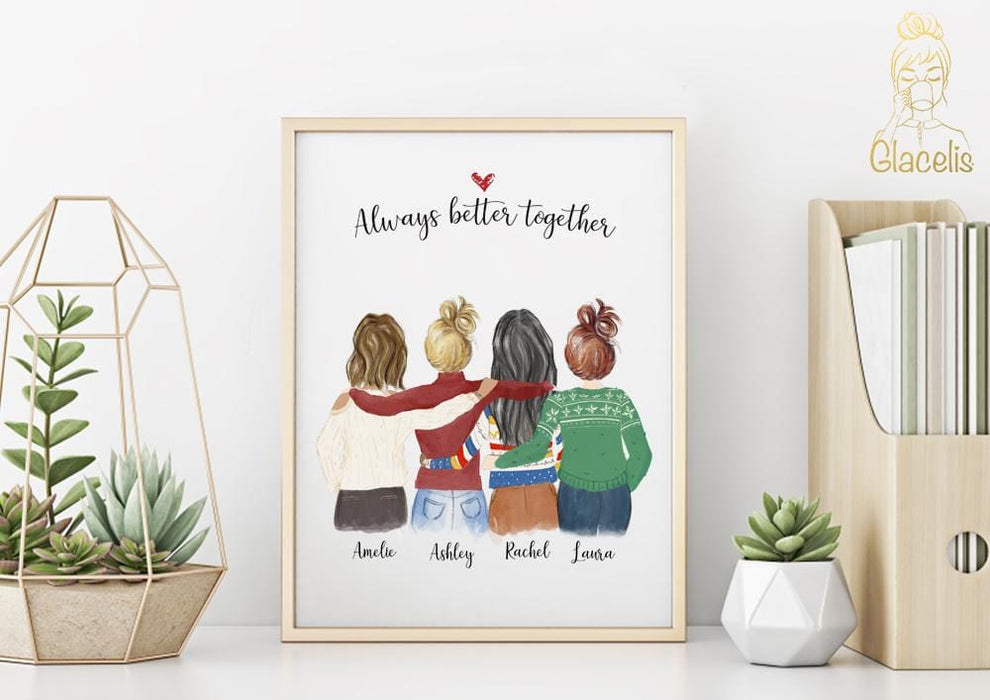 Four Women Custom Best friends  Print Art for Christmas - Custom Personalized Gifts for friends, Family & special occasions!