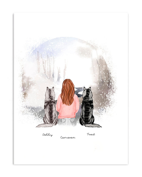 Woman and Two Dog Seasons - Art Print Digital
