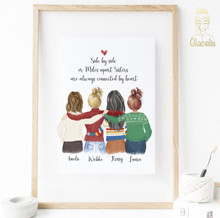 Four Women Custom Best friends Print Art - Order one or four copies of this custom print so that every BFF in your group gets a copy at Glacelis