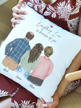 Family of Three - Mother, Father, and Daughter Pillow