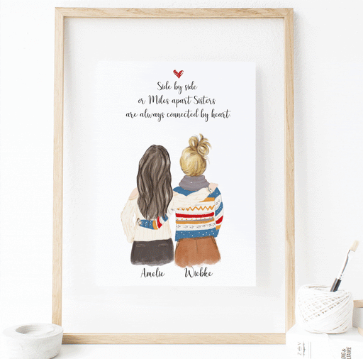 Personalized Side by side or miles apart, sisters will always be connected by heart Print Art Two Women