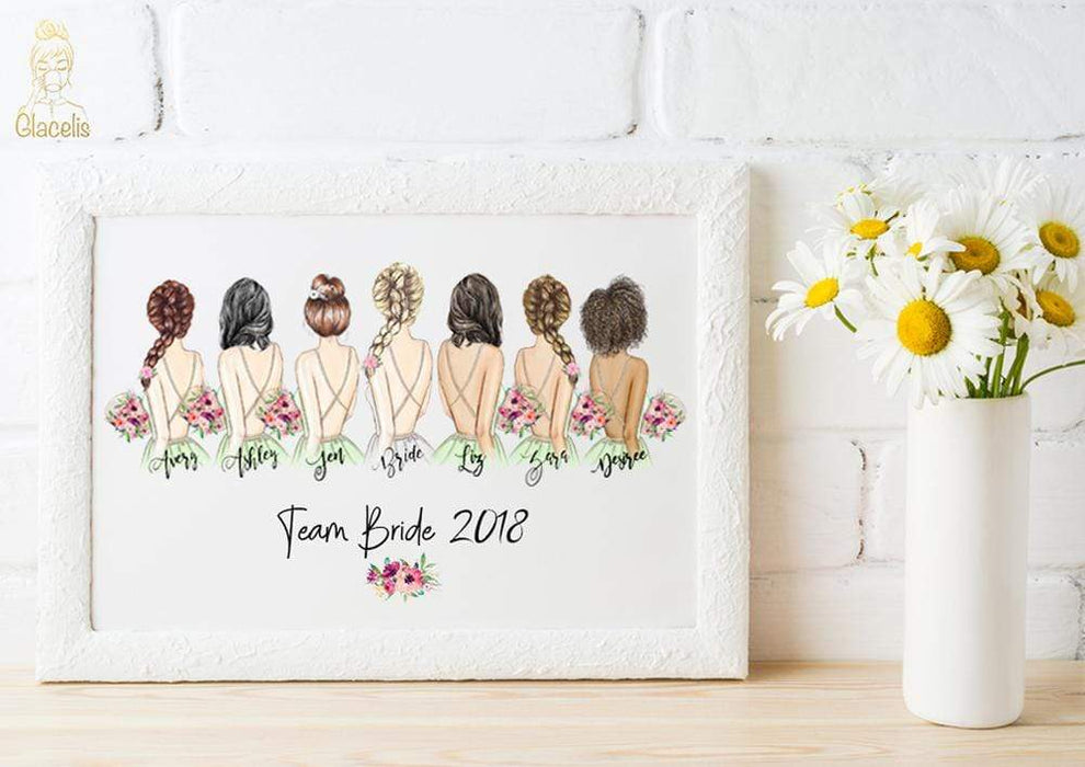 Personalized Team Bride Wall Art more than 7 Bridesmaids - This customizable Team Bride wall art will help to commemorate the special day that the bride and her bridesmaids share together. Choose this beautiful, one of a kind gift to help the bride remember her special day with the bridesmaids that she loves