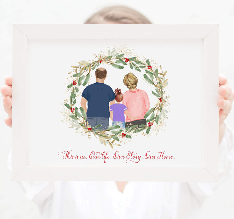 Family of three wall art Mom dad and toddler girl