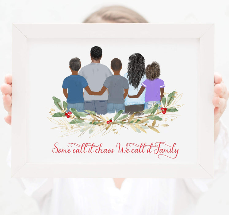 Personalized Family of five Print art, Mom, Dad, daughter and two sons