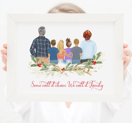 Family of six Print art, Mom, Dad, two Toddler girls and Toddler boys