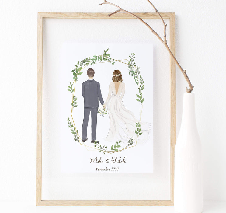 Personalized Couple Wedding Art - Surprise the bride and groom in your life with this thoughtful, one of a kind original and customizable artwork. It's the perfect gift for wedding season and newlywed couples as commemoration for their beautiful wedding day.