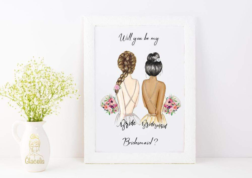 Personalized illustration of bride and bridesmaid with red bouquet. –  Lalana Arts