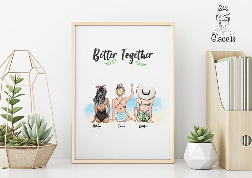 Personalized Best Friend Wall Art  three girls - To commemorate being best friends forever with your girl squad, this original artwork is the perfect gift for your BFFs. Customize three girls to represent the best friends that you have in your life.