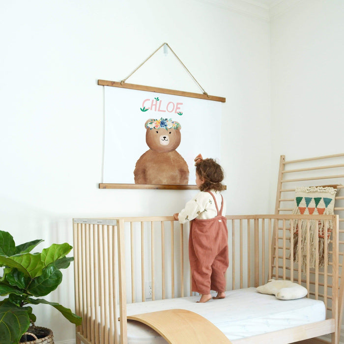 Customize Wood Tapestry of Baby bear portrait adding the name perfect for Nursery Wall Decor. This sweet nursery tapestry of baby bear can be personalized adding the name!