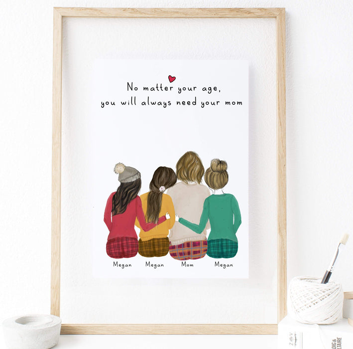 Personalized Daughters and Mom Wall Art For Christmas - Customize this beautiful and sentimental art piece to showcase your family! With up to three daughters and one mother, this artwork is a special gift for your loved ones